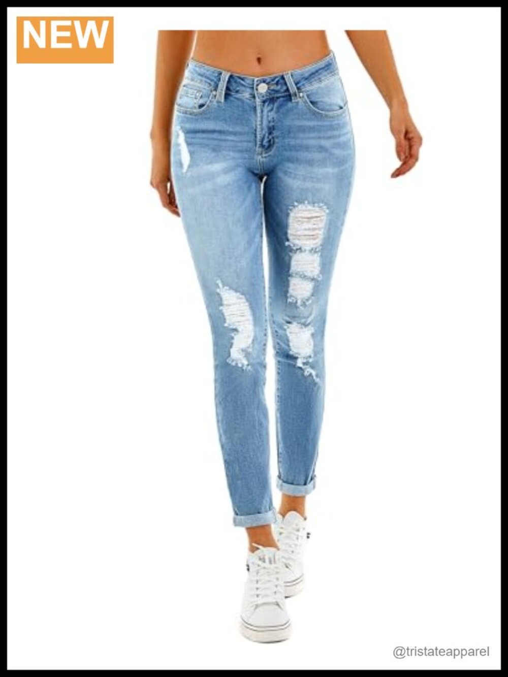 Women's Ripped Boyfriend Jeans Stretch Distressed Mid Rise Skinny Denim